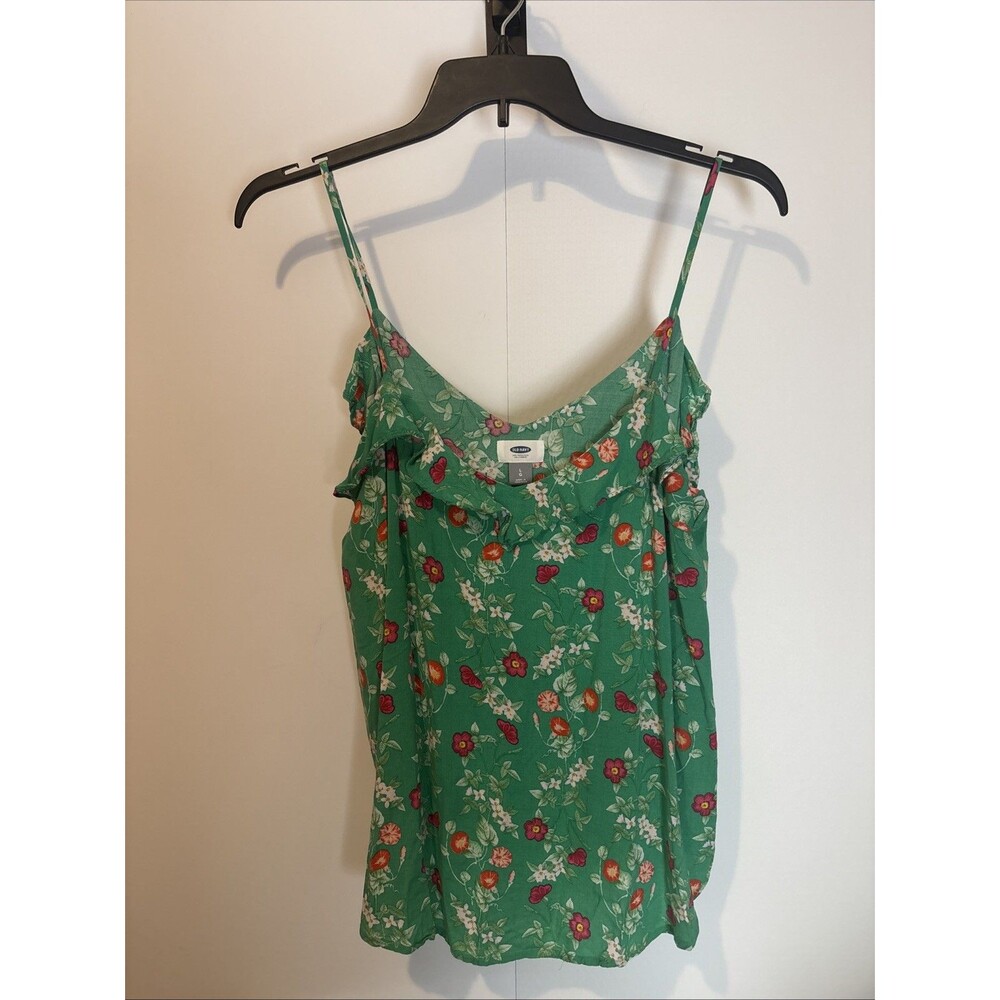 Old Navy Women Large Green Floral Tank top Ruffle V Neck Chest 40" Summer NWOT